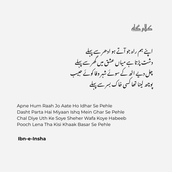 Apne Hum Raah Jo Aate Ho Idhar Se Pehle - Ibn-e-Insha - Ibn Insha ghazal lines