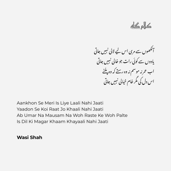 Aankhon Se Meri Is Liye Laali Nahi Jaati
Wasi Shah Poetry - two line poetry for Instagram
poetry for broken heart
dil shayari in roman
Urdu poetry two lines
cute 2 line love poetry
whatsapp status poetry