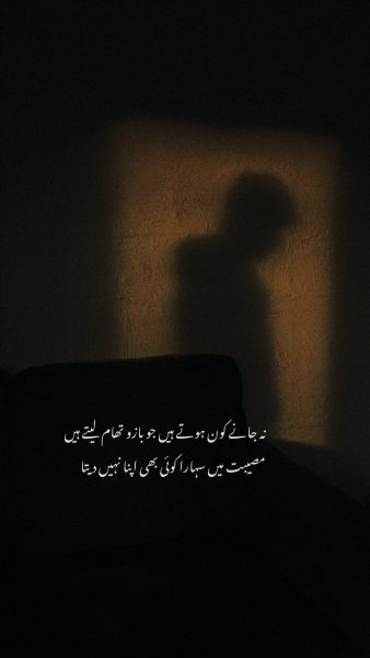 Na Jaane Kaun Hote Hain Jo Baazu Thaam Lete Hain
Museebat Mein Sahara Koi Bhi Apna Nahi Deta

نہ جانے کون ہوتے ہیں جو بازو تھام لیتے ہیں
مصیبت میں سہارا کوئی بھی اپنا نہیں دیتا